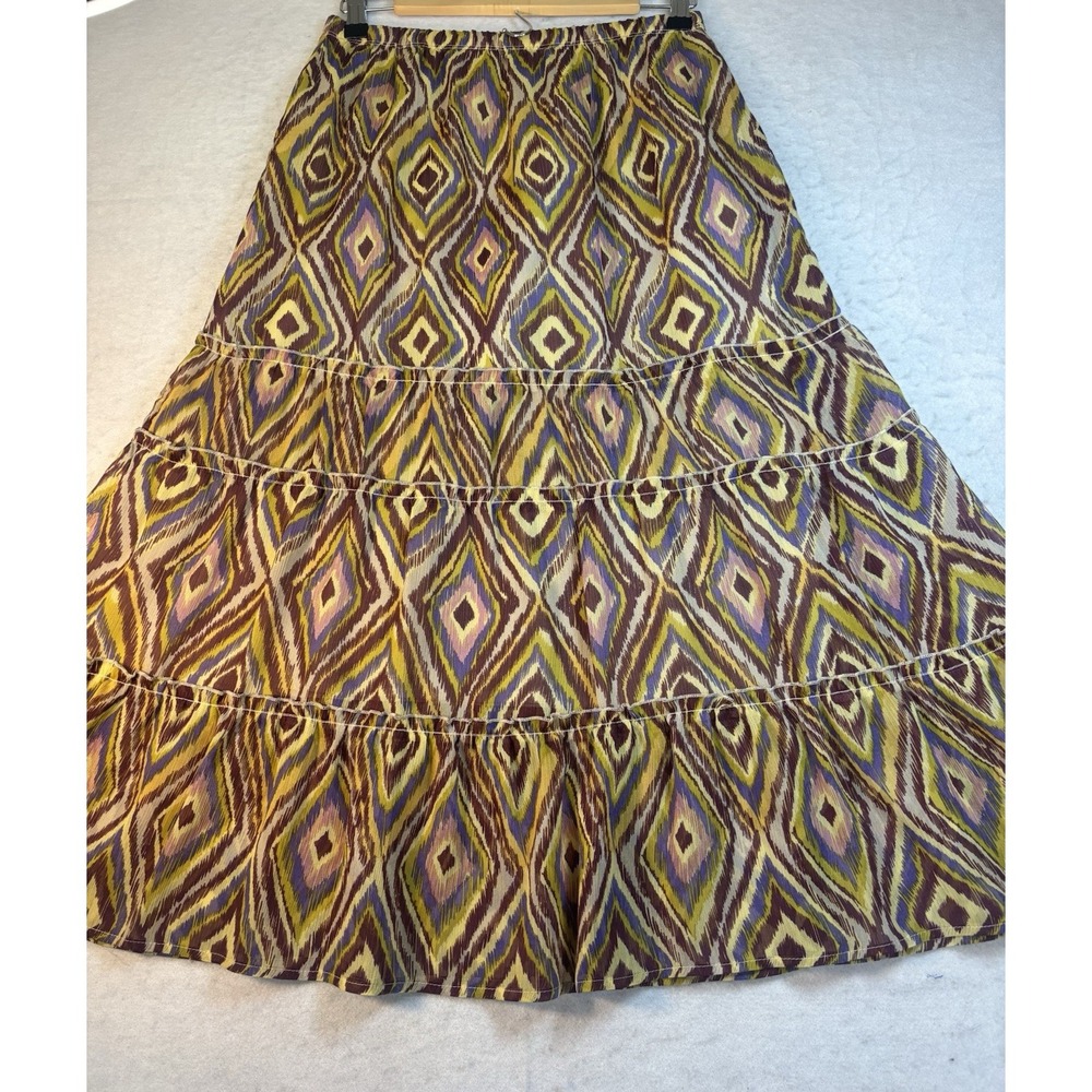 Briggs New‎ York Tiered Maxi Skirt Size M Ikat Print Boho Festival Ethnic Gypsy